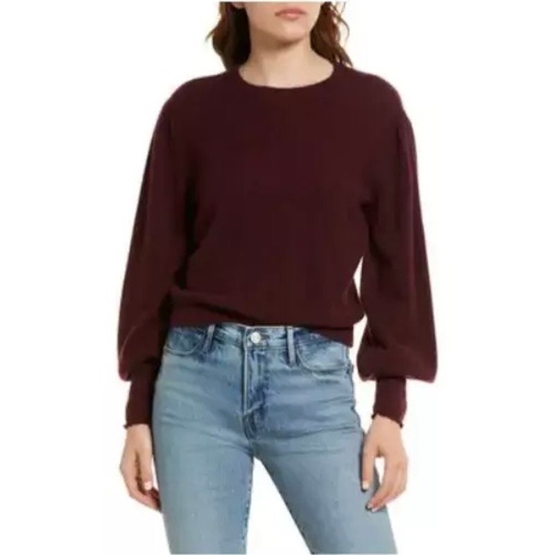 Frame Cabernet Dark Red Cashmere Puff Sleeve Smock Cuff Sweater Sz.M Nwt